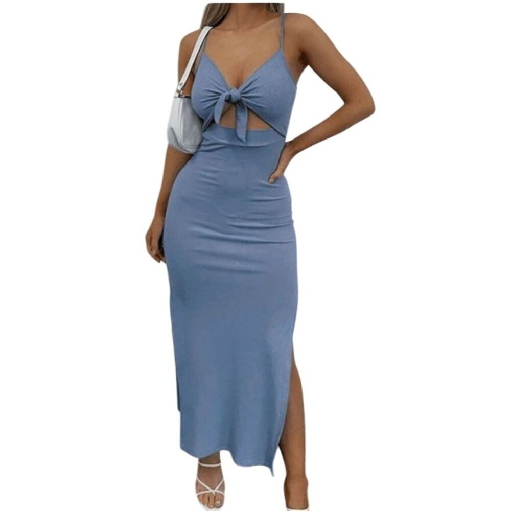 Lyaner Womens Blue Bodycon Tie Knot Cutout Maxi Dress Size Large Side Split